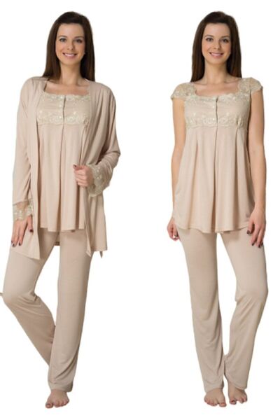 Effortt 2301 Set de pijamale de maternitate maro lapte cu halat