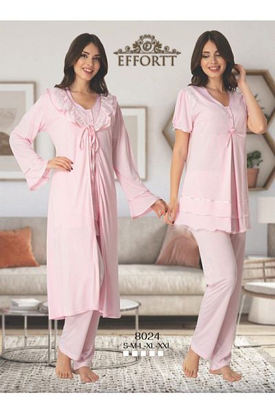 Effortt Women's Beige Pattern Maternity 3-Piece Set with Dressing Gown
