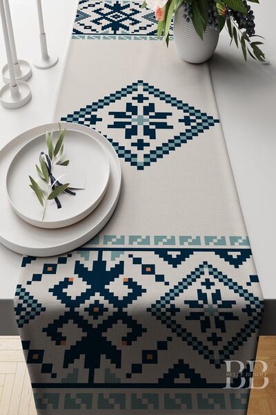 Belle Benoit Husă de pernă din 4 piese, cu imprimeu dublu, alb, albastru, husă de pernă și set american de alergare