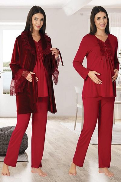 Effort Pijama طقم بيجامة للحوامل مع ثوب نوم مخملي فوشيا للسيدات