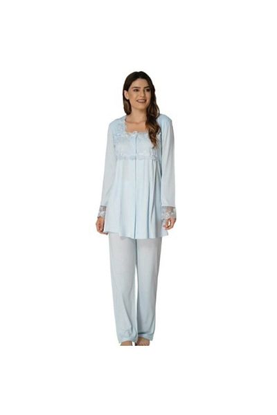 Effortt Women's Blue Lace Detailed Maternity Bottom and Top Pajama Set