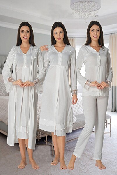 Genel Markalar Effort Kadın Ekru Lohusa Hamile Gecelik Pijama Takımı Sabahlık...