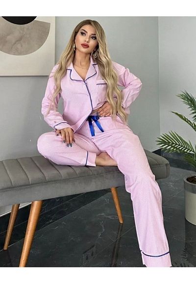 MİMİ Luxury Wear Women's Pajama Set Cotton Polyester Woven Buttoned Striped Piping