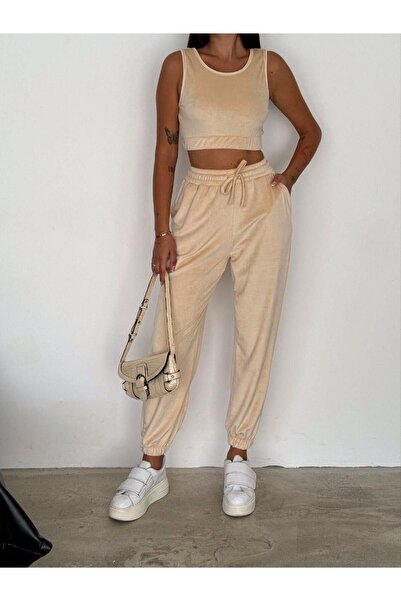 SUSEEMODA Üçlü Kadife Eşofman Takımı Bej