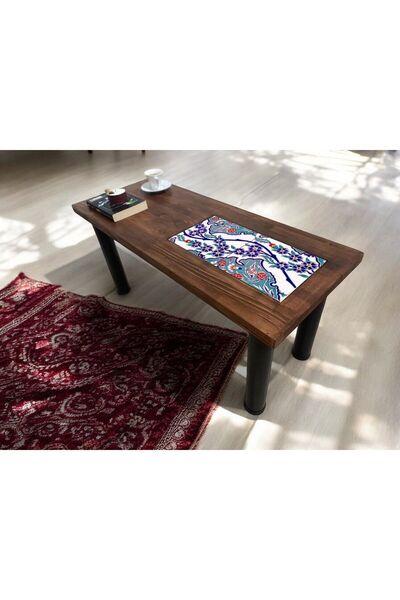 Home Ahşap Metal Ayaklı  Dekoratif Fayans Desenli Orta Sehpa