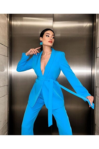 Genel Markalar Kadın Ikili Kuşaklı Blazer Ceket Pantolon Takım