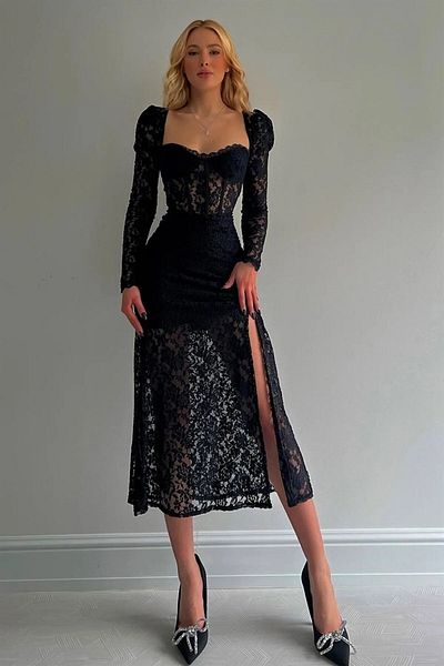 Lusin Underwire Slit Long Lace Dress Black