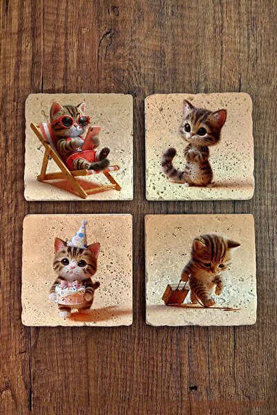 Begoloni Stone Decor Set of 4 Natural Stone Coasters - 10X10X1 cm Cute Cat Pa...