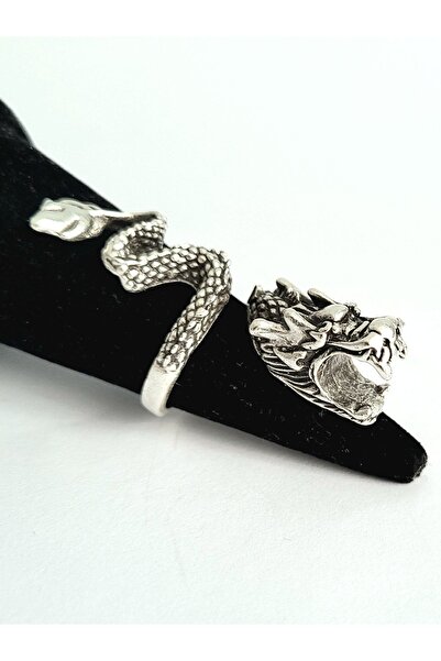 Antique Dolunay Antik Gümüş Kaplama El Yapımı Ayarlanabilir Sigara Tutabilen Ejderha Şekilli Yüzük