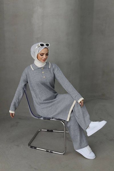 Neşeli Butik Gray Hijab Knitwear Women's Set - Nms023