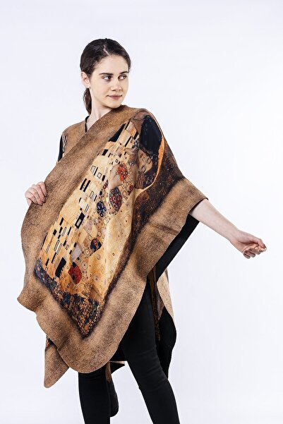 Nomads Felt İpek Keçe Panço | Siyah-Camel Gustav Klimt The Kiss | Nomads Felt