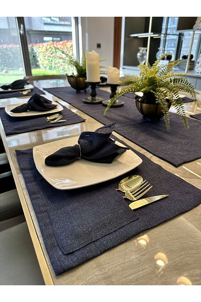 Decamor home Linen Glitter Navy Blue American Runner Set American Service with Spoon