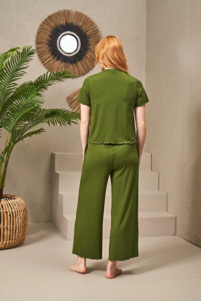 PJS 25109 Kadın V Yaka Kısa Kollu Bol Paçalı Pijama Takım