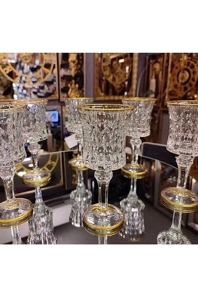 Çeyizci Çarşı Set of 6 Gilded Crystal Footed Water Glasses Next to Coffee Water Glass