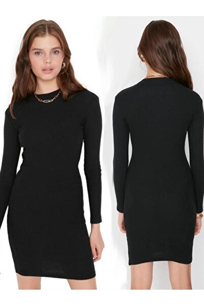 AŞAR MODA TEKSTİL Kadın Elbise Kaşkorse Diz Üstü Vücuda Oturan Fitilli Esnek ...