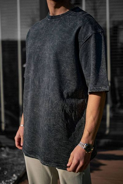 İLKCET MODA Λεπτομέρεια πλύσης Oversize Unisex χτενισμένο βαμβακερό μπλουζάκι