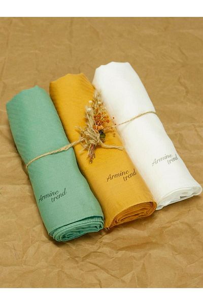 Armine Trend Işıl Shawl - Cotton - Ats3isl - Set of 3 - White, Green, Mustard Yellow