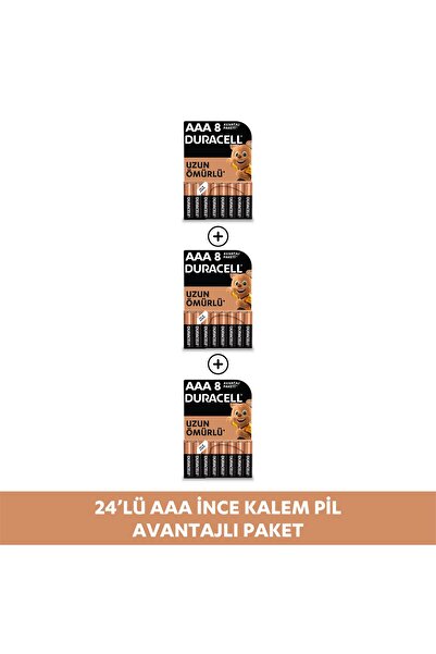 Duracell Alkalin AAA İnce Kalem Pil, 1,5V (LR03 / MN2400), 24'lü Paket