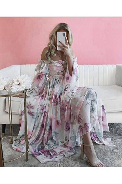 aspirin fashion Φόρεμα με παστέλ φλοράλ στάμπα Madonna γιακά μακρύ σιφόν