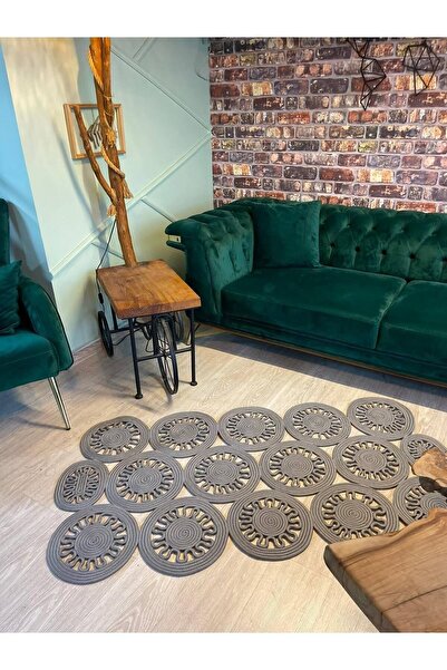 TurQhouse Dekoratif Jüt Hasır El Örgüsü Halı Kilim Dikdörtgen-Gri