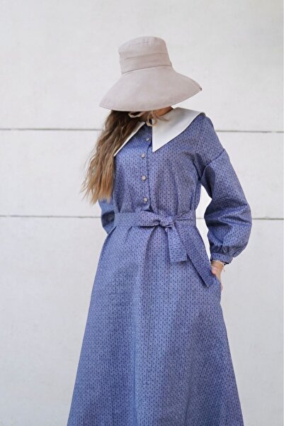 Launes طية صدر السترة مفصلة جيب خمر زر صغير منقوشة فستان حكاية زرقاء