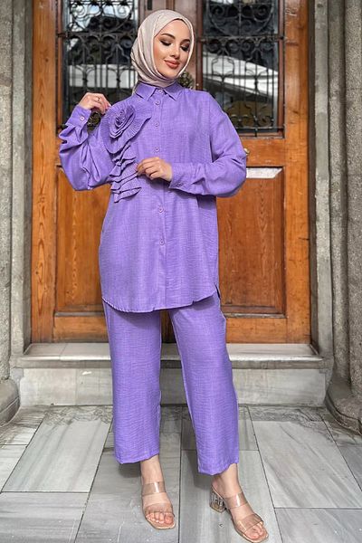 julude K.Lila Rose Motif Women's Summer Hijab Pants and Shirt Set