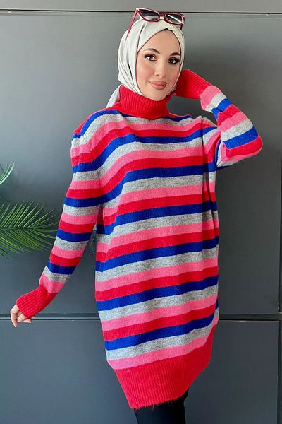 julude Full Turtleneck Red Striped Knitwear Tunic - Color Blocked Women's Hijab Tunic