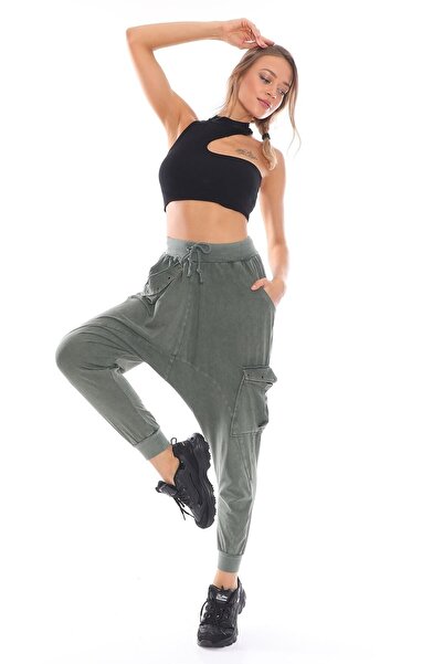 PodiumStar Kadın Cepleri Zımba Detaylı Yeşil Şalvar Pantolon