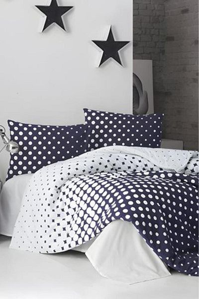 Çeyiz Diyarı Σετ Παπλωματοθήκη Διπλό Πουά Navy Blue - 100% βαμβάκι
