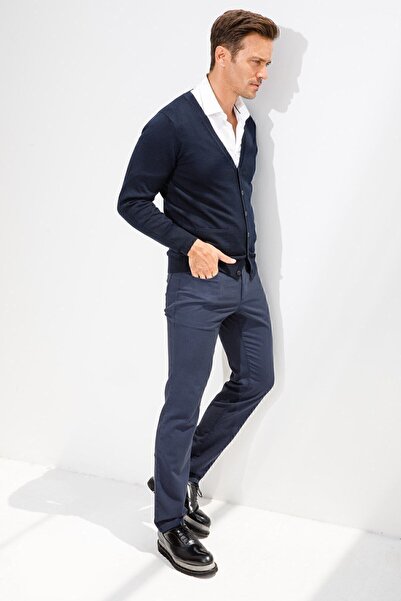 Desen Triko Men's Basic V-Neck Button-Front Thin Knitwear Cardigan Dark Blue