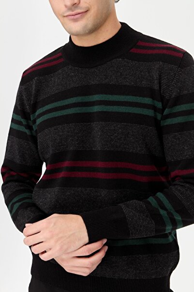 Desen Triko Ανδρικό μισό ζιβάγκο πολύχρωμο ριγέ μάλλινο πουλόβερ μαύρο