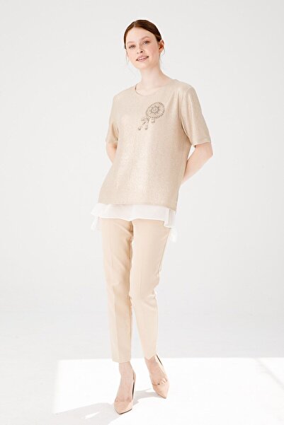 Desen Triko Women's Crew Neck Short Sleeve Chiffon Shiny Fabric Blouse Gold
