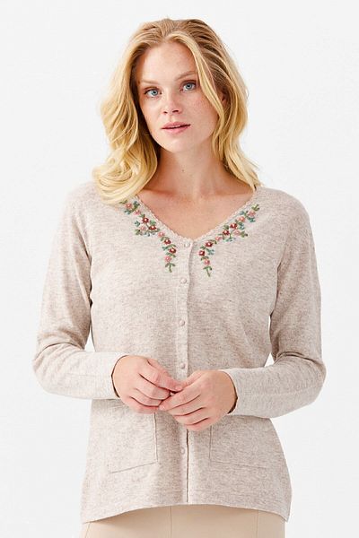 Desen Triko Women's V-Neck Embroidered Buttoned Thin Cardigan V.beige