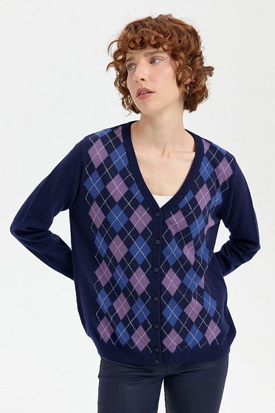 Desen Triko Cardigan de damă bleumarin - decolteu în V, cu fasole în față Y.A