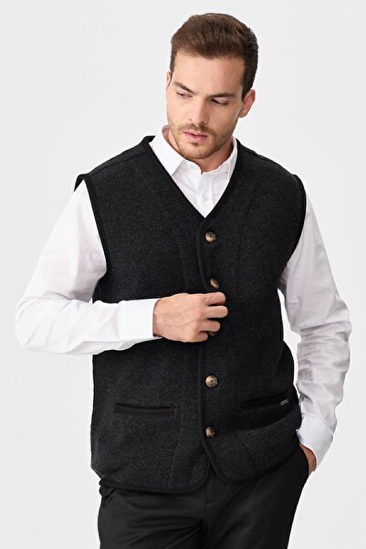 Desen Triko Men's V-neck Pique Woven Wool Vest with Felt Accessories Black