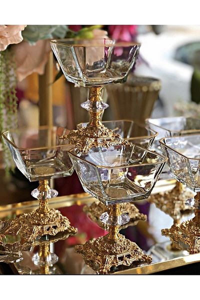 Paşabahçe 6 Pieces Metal Leged Magnolia with Gold Detail-bowl-ice cream bowl-sugar bowl