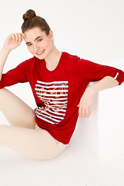 Desen Triko Γυναικεία μπλούζα με λαιμόκοψη ουράνιο, μανίκια τριών τετάρτων, ρ...