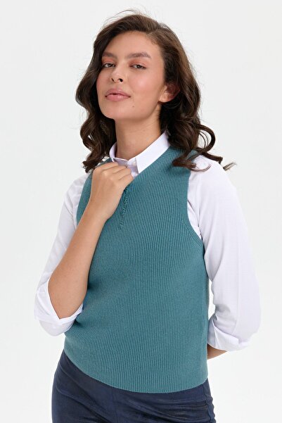 Desen Triko M.green Women's Wool Sweater - Crew Neck, Seamless, Front Button