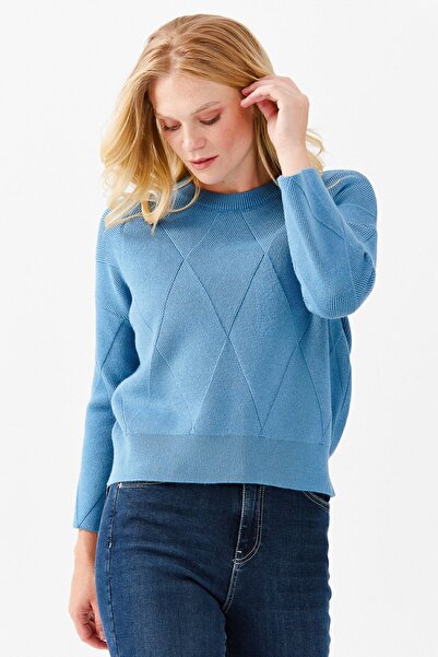 Desen Triko Pulover scurt de damă, cu gât turnu, cu model de diamante, în față, albastru