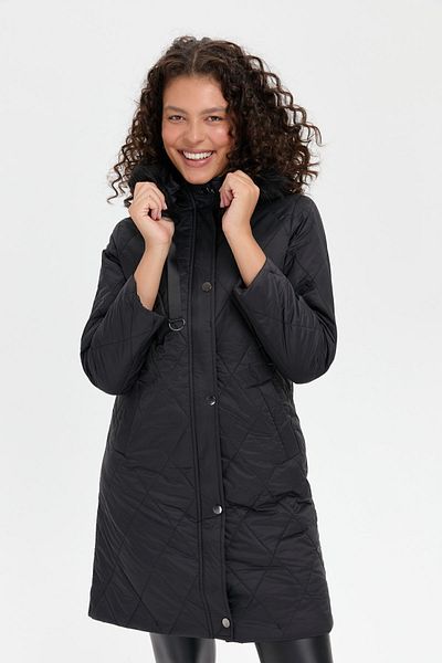 Desen Triko Palton matlasat negru de damă - Glugă cu model diamant din shearling