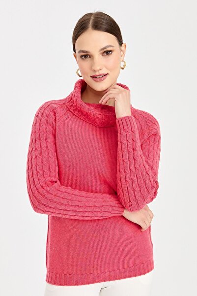 Desen Triko Kadın Degaje Yaka Kolu ve Yakası Saç Örgü Yün Kazak Y.Ş.Pembe