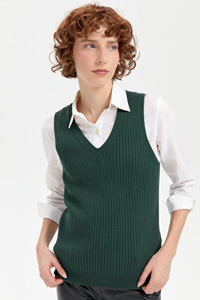 Desen Triko Green V-neck Seamless Women's Sweater