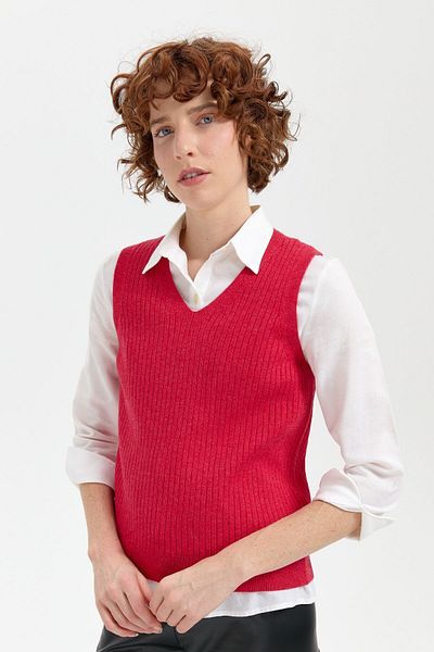 Desen Triko Red V-neck Seamless Women's Sweater