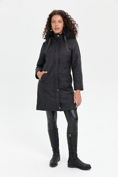 Desen Triko Palton matlasat negru de damă - Glugă cu model diamant din shearling