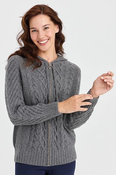 Desen Triko Women's Hooded Hair Walking Braided Wool Cardigan Smoked