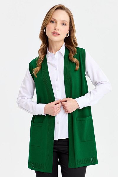 Desen Triko Women's Openwork Thin Knitwear Vest with Back and Skirt Green