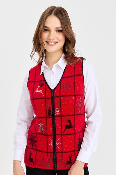Desen Triko Vestă de damă, cu decolteu în V, cu model de Anul Nou, roșu