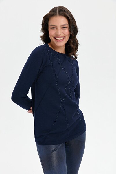 Desen Triko Синій безшовний жіночий светр з перехресним візерунком