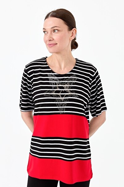 Desen Triko Γυναικείο μπλουζάκι με λαιμόκοψη με πέτρες μπροστά, χτενισμένο βαμβακερό μαύρο