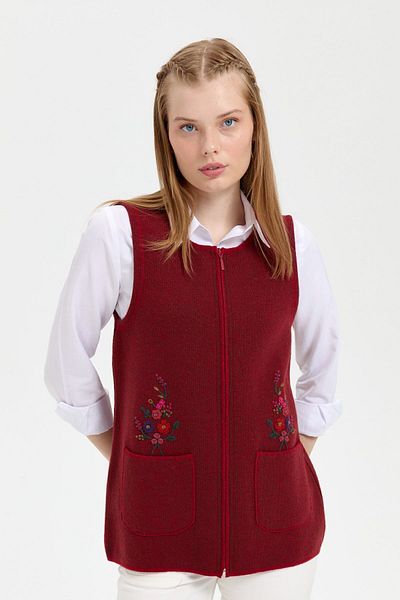 Desen Triko Short Wool Vest - Zero Collar, Embroidered Pocket Top, Red V.